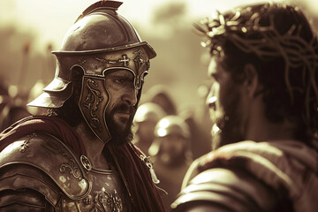 Depict the Roman centurion realizing Jesus was the Son of God - obrazy, fototapety, plakaty