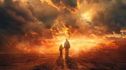 Back view of a father and child holding hands, walking towards a breathtaking sunset under a dramatic sky.