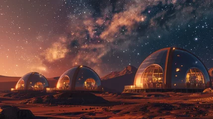 Deurstickers Domes of a futuristic human settlement glow under a star-filled sky on a Martian-like landscape. © Nuth
