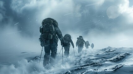 A group of determined mountaineers trekking through a harsh snowstorm, showcasing the challenge of winter expeditions.