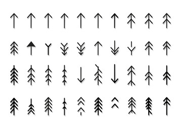 A collection of tree symbols, including arrows pointing up and down - obrazy, fototapety, plakaty