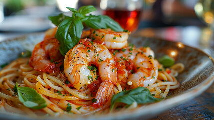 Focus on the intricate details of a beautifully arranged shrimp and pasta dish