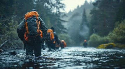 A line of hikers in waterproof gear crossing a river in a lush forest, embodying the spirit of outdoor adventure. - obrazy, fototapety, plakaty