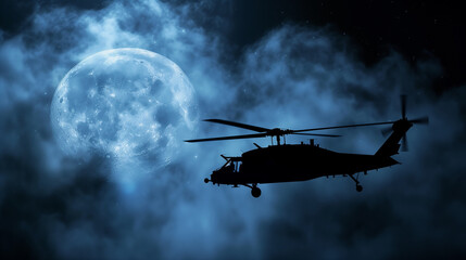 A silhouette of a military helicopter flying in front of a full moon in the night sky. Concept for 4th of July, Independence Day. Copy space.