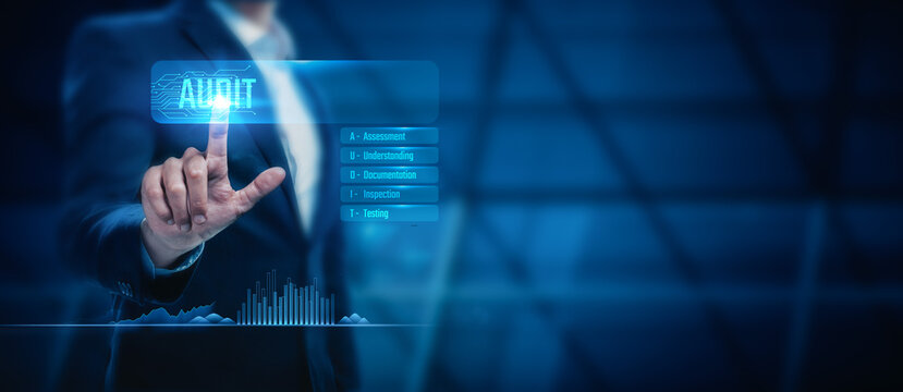 Businessman touch audit business network search for auditing services and financial analysis. Digital audit technology supports financial monitoring and global auditing business.