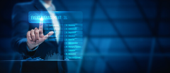 Businessman touch the event management industry, searching for professional event services and solutions. Digital event technology aids in organizing seamless events and ensures global success.