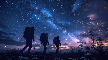 Obraz premium Silhouettes of hikers with backpacks against the stunning backdrop of the Milky Way in a star-filled night sky.