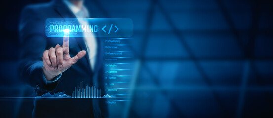 Enterprising businessmen touch into the realm of programming, exploring software solutions for various industries. The focus is on digital technology that supports people's needs, enhances services.