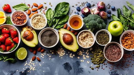 Healthy food clean eating selection. Fruit, vegetable, seeds, superfood, cereal, leaf vegetable on gray concrete background. Top view. Healthy food background and Copy space for text.  - obrazy, fototapety, plakaty
