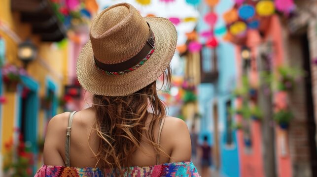 A woman wearing a straw hat wanders a vibrant street adorned with festive decorations and bright buildings.