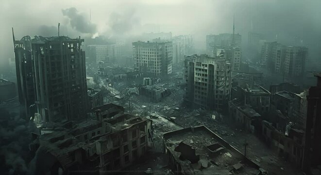 Charred ruins of buildings in a city post-nuclear detonation, showing desolation