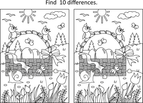 Easter difference game and coloring page.. Beautiful basket with eggs, fresh grass and flowers, young birds, butterflies, snail, tulips.
