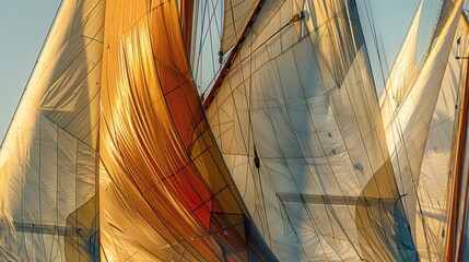 A closeup of taut sails drawn tight by the wind and showing off their intricate patterns a...