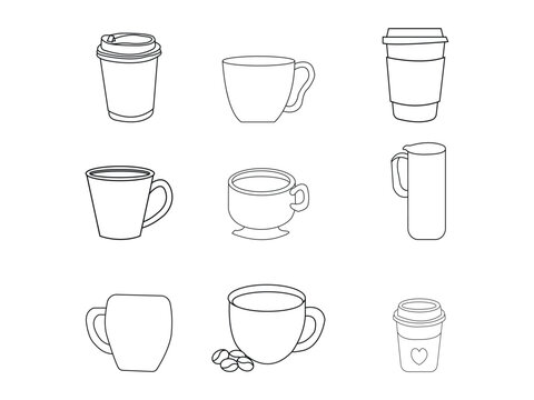 Modern coffee mog and cup set line art icons
