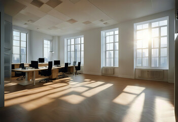 Empty modern room with sun-filled windows stock photo