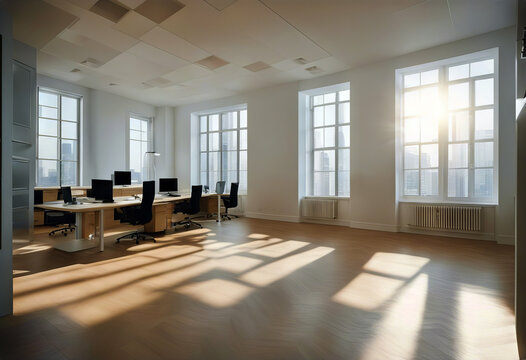 Empty modern room with sun-filled windows stock photo