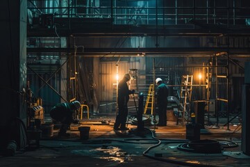 Team of maintenance workers performing repairs and maintenance tasks in a commercial building during the night shift, Generative AI - obrazy, fototapety, plakaty