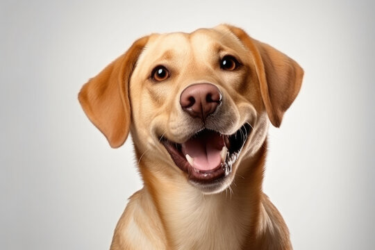 Cute smiling golden Labrador retriever dog pet is playing and looking at the camera with a funny expression isolated on white background created with Generative AI Technology