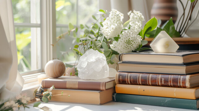 A serene setup of holistic health books, crystals, and fresh plants by a sunny window. Copy space. Backdrop, background.
