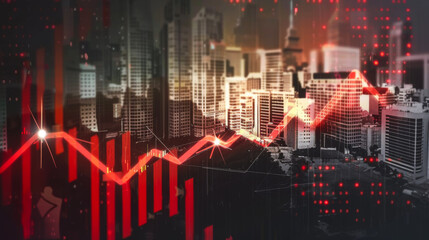 Technological hologram over the city panorama. Diagram against the background of the city. Concept for the development of coding and high technology. Double exposure.