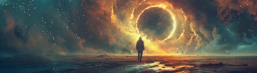 Lonely Wanderer in Front of Cosmic Event, Feeling of Awe in the Vast Universe
