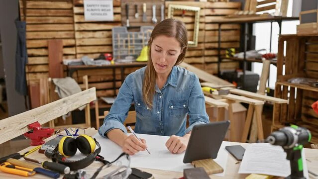 Caucasian woman sketches designs in a woodshop with tools, tablet, and safety gear, signifying a creative carpenter at work.