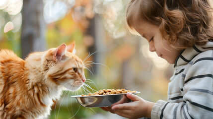 A young girl is feeding cat food to a cat from a bowl. Copy space. The concept of caring for pets,...