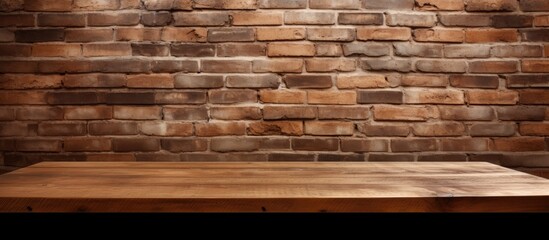 A rectangular brown hardwood table with wood stain stands on a brick flooring in front of a textured brick wall, showcasing a blend of building materials and tints and shades