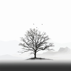 A dramatic black and white photo of a lone tree s