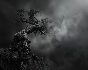 Surreal Bonsai Tree in Mist, Embodying Struggle and Persistence in Adversity