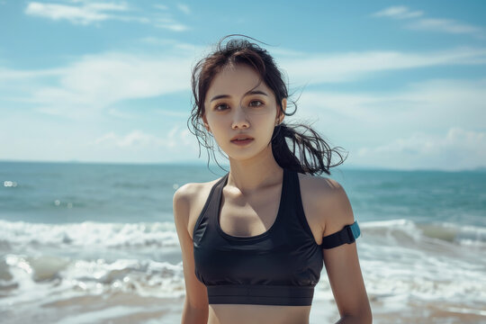 Picture of young attractive asian fitness girl jogging with sea on background