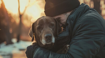 A man is affectionately holding a dog in his arms, showing gratitude to the vet, homeless man and his faithful friend. Copy space. Love and care for pets.