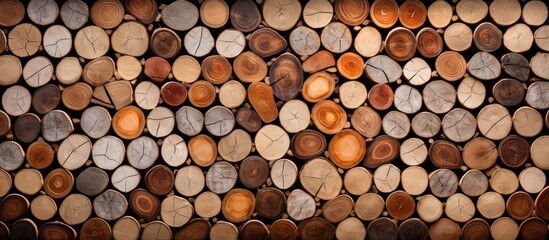 A stack of brown hardwood logs creating a circular pattern of natural material. Closeup view showcasing the texture of lumber and metal logging equipment