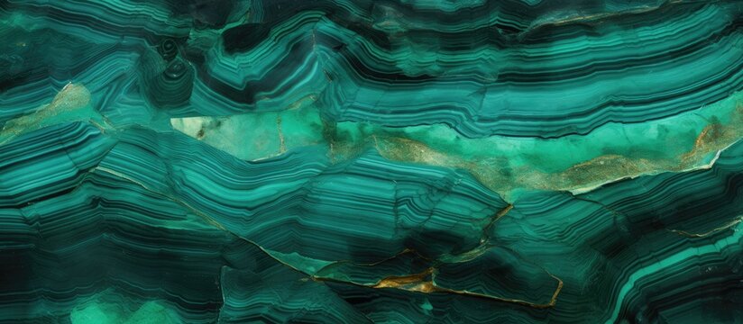 A close up of a green malachite rock, resembling the patterns of a terrestrial plant. The vibrant colors range from azure to electric blue