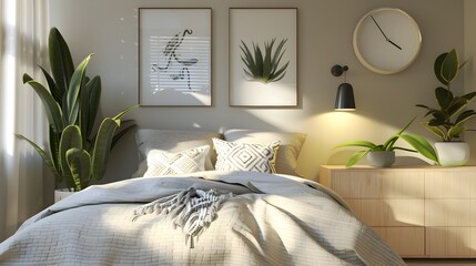 Scandinavian-Style Bedroom in Soft Pastels with Indoor Plants and Modern Art