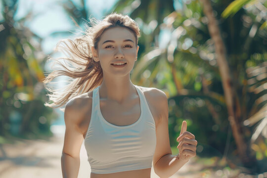 Picture of young attractive fitness girl jogging with sea on background
