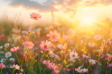 Obraz premium Beautiful meadow with wild flowers over sunset sky, nature field background with sun flare. Ideal for nature-themed events and projects.