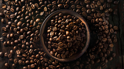 Top view of the background. Roasted coffee beans with a pleasant aroma. Dark brown grains on a wooden background exposed to sunlight.