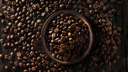 Papier Peint photo Bar a café Top view of the background. Roasted coffee beans with a pleasant aroma. Dark brown grains on a wooden background exposed to sunlight.