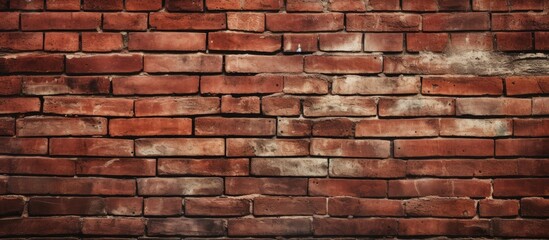 Obraz premium A closeup of a brown brick wall with a multitude of rectangular bricks in a pattern of peach and carmine, held together by mortar. Brickwork as a composite building material