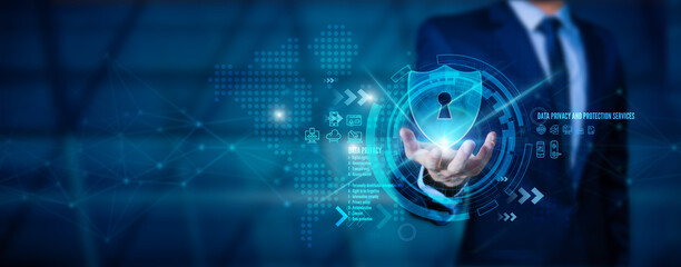 Data protection and privacy concepts GDPR. EU. cybersecurity network. A businessman safeguards his...