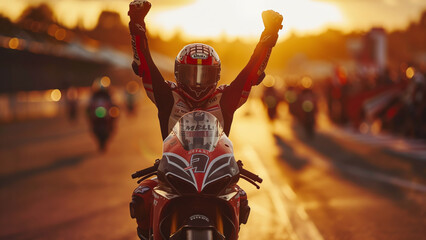 A Triumphant Moment: Racing Bike Rider Silhouette Celebrates Grand Prix Victory with Motorcycle on the Race Track - obrazy, fototapety, plakaty