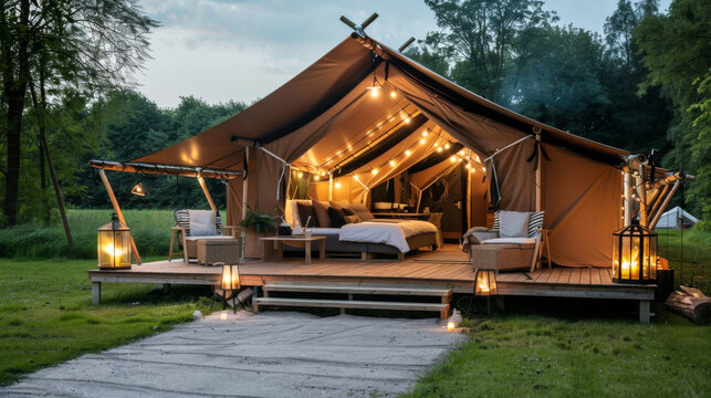 Modern glamping with a minimalist stylish design set against a beautiful natural backdrop. The concept of an overnight stay in nature.