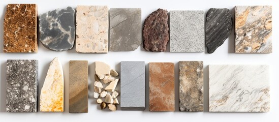 This picture displays various types of marbles, including rectangle, font, and brick patterns. Marbles are a natural building material with a rich history in art and design