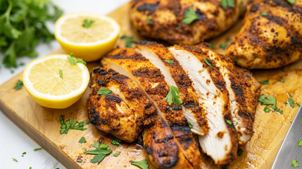 Grilled chicken breast with spice rub and lemon on a cutting board, sliced and whole. Generative Ai