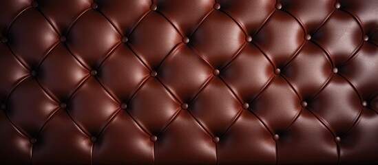 Fototapeta premium A symmetrical pattern of buttons on a brown leather couch adds a touch of elegance to the room. The couch contrasts beautifully with the magenta flooring and electric blue ceiling