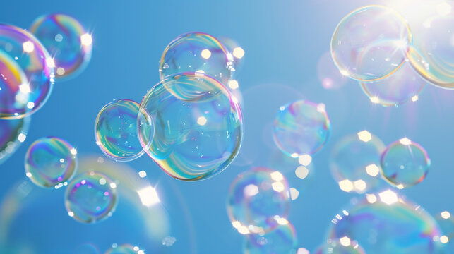 Photorealistic close up view of soap bubbles floating in the air on a sunny day. Copy space. Backdrop, background.