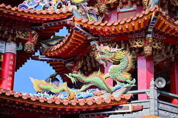 Taiwan - Jan 11, 2024: The dragons on the eaves of Luzhou Yonglian Temple. The dragon is a mythical...
