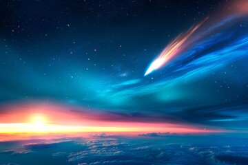An atmospheric image shows a comet passing by Earth. Its tail glowed brightly against the night sky.