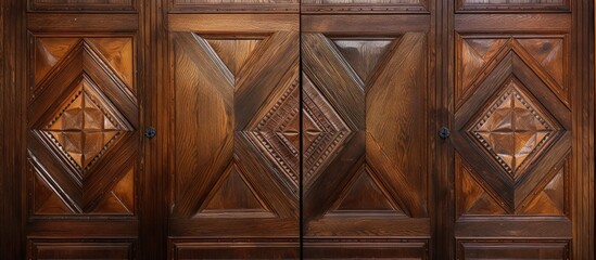 A close up of a hardwood door with a beautiful pattern carved into the wood. The door is stained with a rich brown varnish, showcasing the artistry of the woodwork